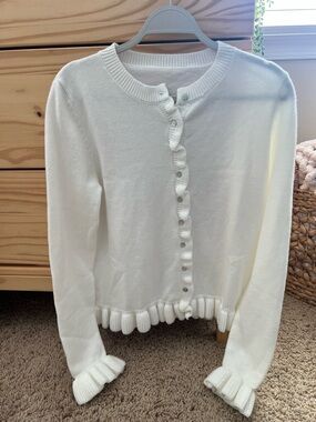 White Ruffle Trim Button-Up Cardigan
